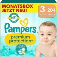 Pampers Premium Protection, koko 3 Midi, 6-10kg, kuukausilaatikko (1x 204 vaippaa)